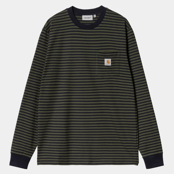 Carhartt WIP T-Shirts & Polos>L/S Verner Pocket T-Shirt Verner Stripe, Dark Navy / Office Green