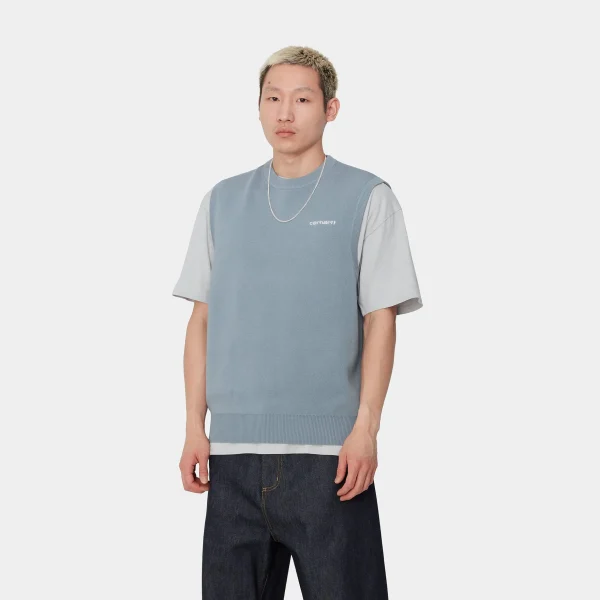 Carhartt WIP Sweats>Script Vest Sweater Misty Sky / White